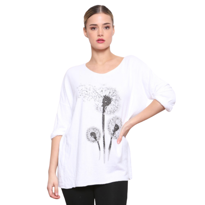 Women's white Dandelion long sleeve jumper with sparkle.  (A98)