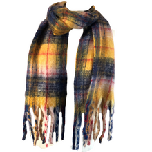 Load image into Gallery viewer, Navy/ Yellow Tartan Scarf Long Thick Warm Ladies Scarves.