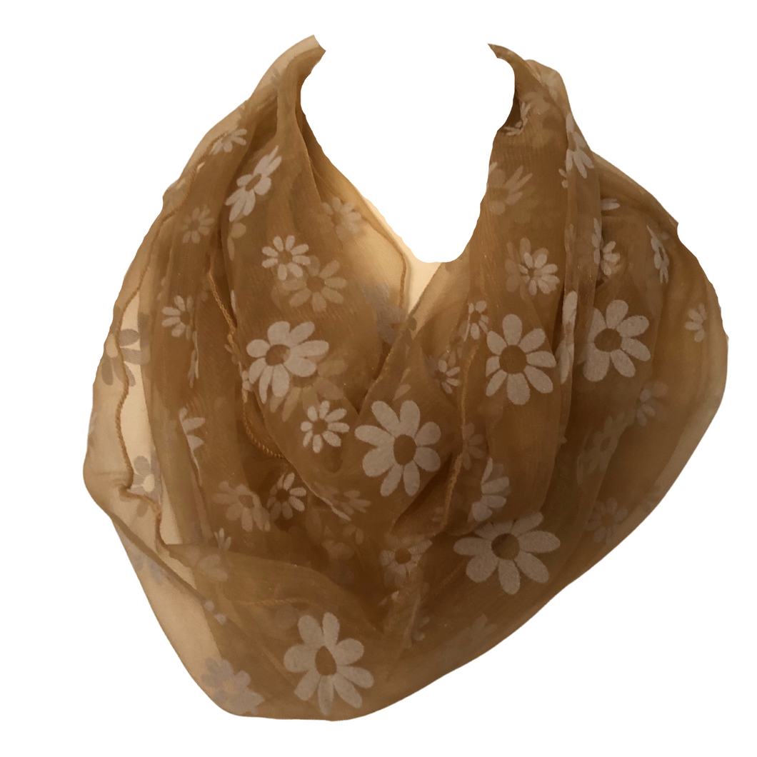 Brown with White Flower Chiffon Style Design Snood Scarf