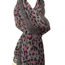 Load image into Gallery viewer, Grey with Pink Chiffon Style Animal Leopard Print Design Soft Ladies Scarf with Border