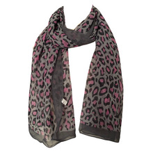 Load image into Gallery viewer, Grey with Pink Chiffon Style Animal Leopard Print Design Soft Ladies Scarf with Border