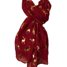 Load image into Gallery viewer, Ladies Red with Gold Deer Scarf/wrap