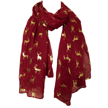 Load image into Gallery viewer, Ladies Red with Gold Deer Scarf/wrap