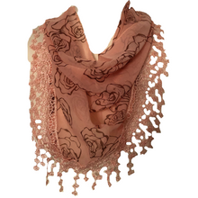 Load image into Gallery viewer, Pink with Brown Roses Chiffon Style Triangle Scarf with lace Trim. a Lovely Fashion Item. Fantastic Gift