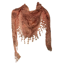 Load image into Gallery viewer, Pink with Brown Roses Chiffon Style Triangle Scarf with lace Trim. a Lovely Fashion Item. Fantastic Gift