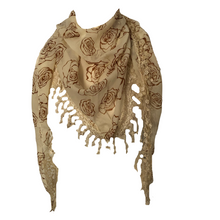 Load image into Gallery viewer, Cream with Brown Roses Chiffon Style Triangle Scarf with lace Trim. a Lovely Fashion Item. Fantastic Gift