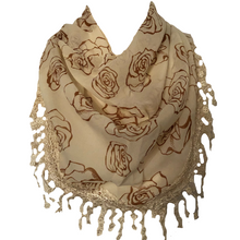 Load image into Gallery viewer, Cream with Brown Roses Chiffon Style Triangle Scarf with lace Trim. a Lovely Fashion Item. Fantastic Gift