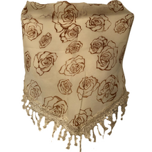 Load image into Gallery viewer, Cream with Brown Roses Chiffon Style Triangle Scarf with lace Trim. a Lovely Fashion Item. Fantastic Gift