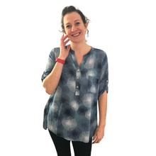 Load image into Gallery viewer, Ladies Demin blue dandelion collarless Shirt 100% cotton. (A109)