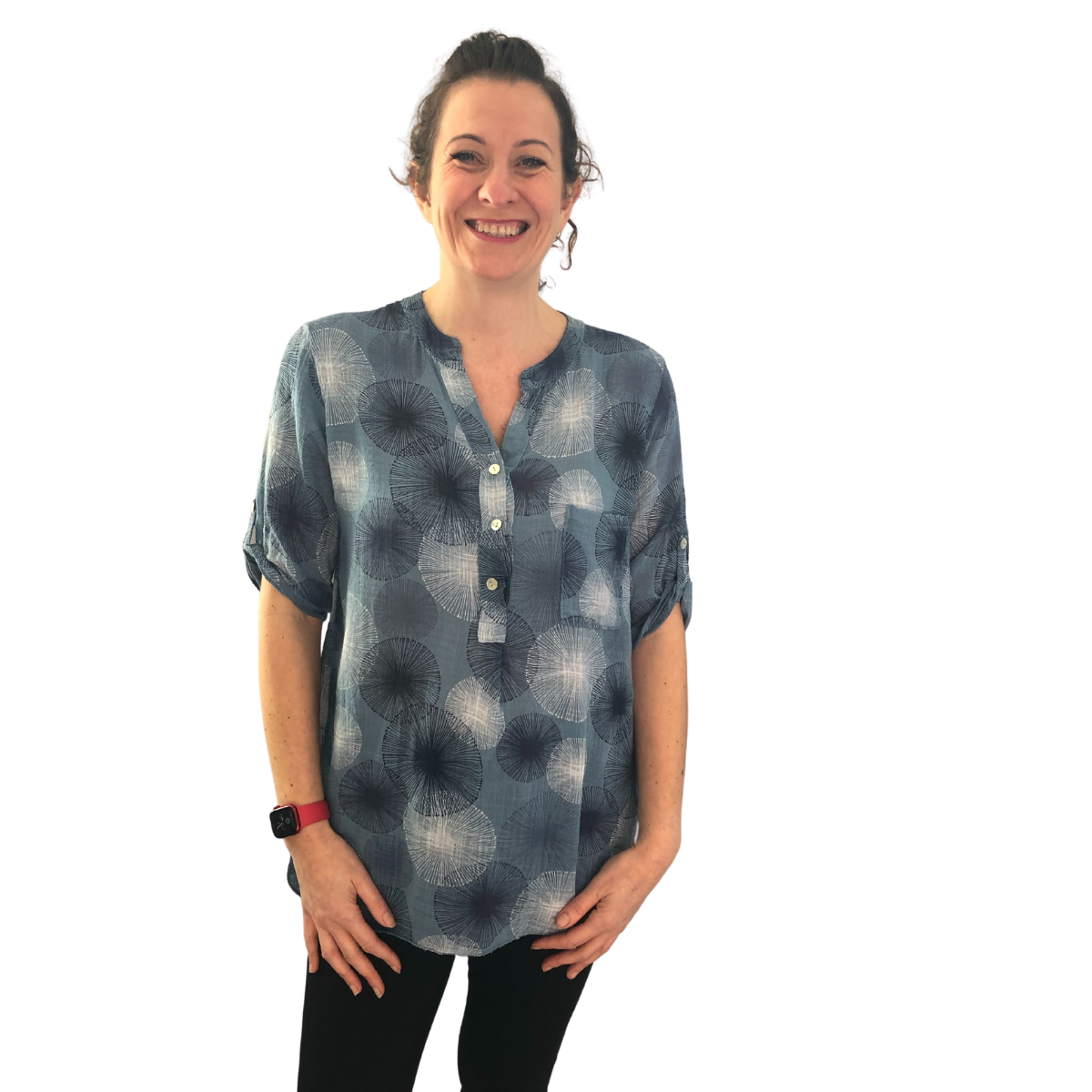 Ladies Demin blue dandelion collarless Shirt 100 cotton. A109