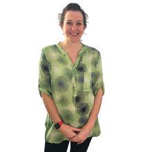 Load image into Gallery viewer, Lime green dandelion puff design collarless Shirt 100% cotton(A109)