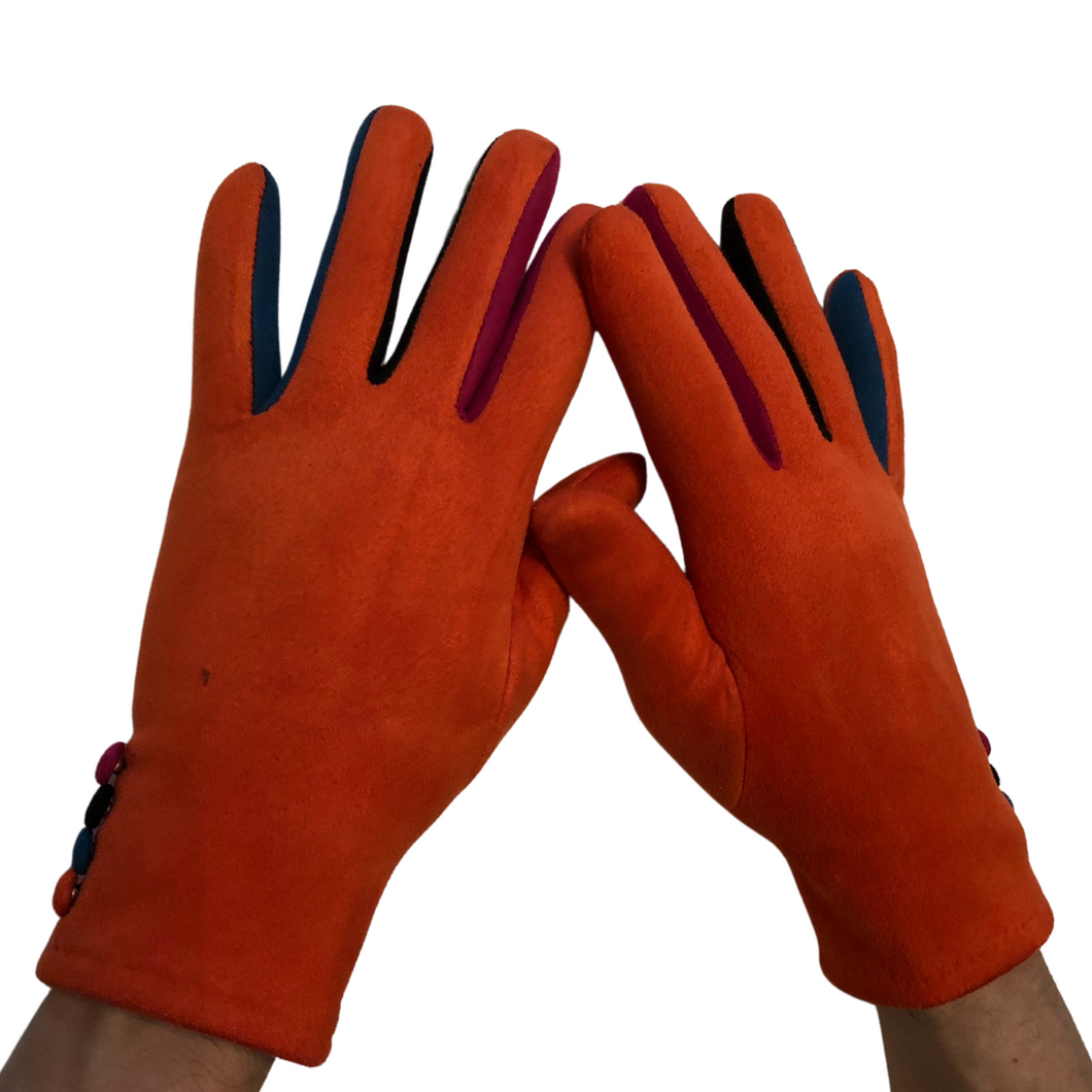 Plain Orange ladies Gloves with a splash of colour between the fingers- G1925