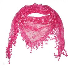 Load image into Gallery viewer, Pamper Yourself Now Fuschia Pink with White Glittery Flower lace Triangle Scarf with lace Trim
