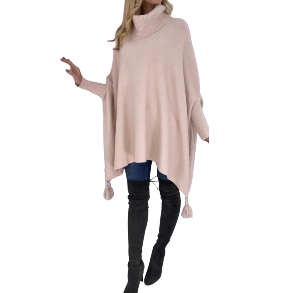 Baby Pink Oversized Cowl Neck Poncho Jumper with Tassels