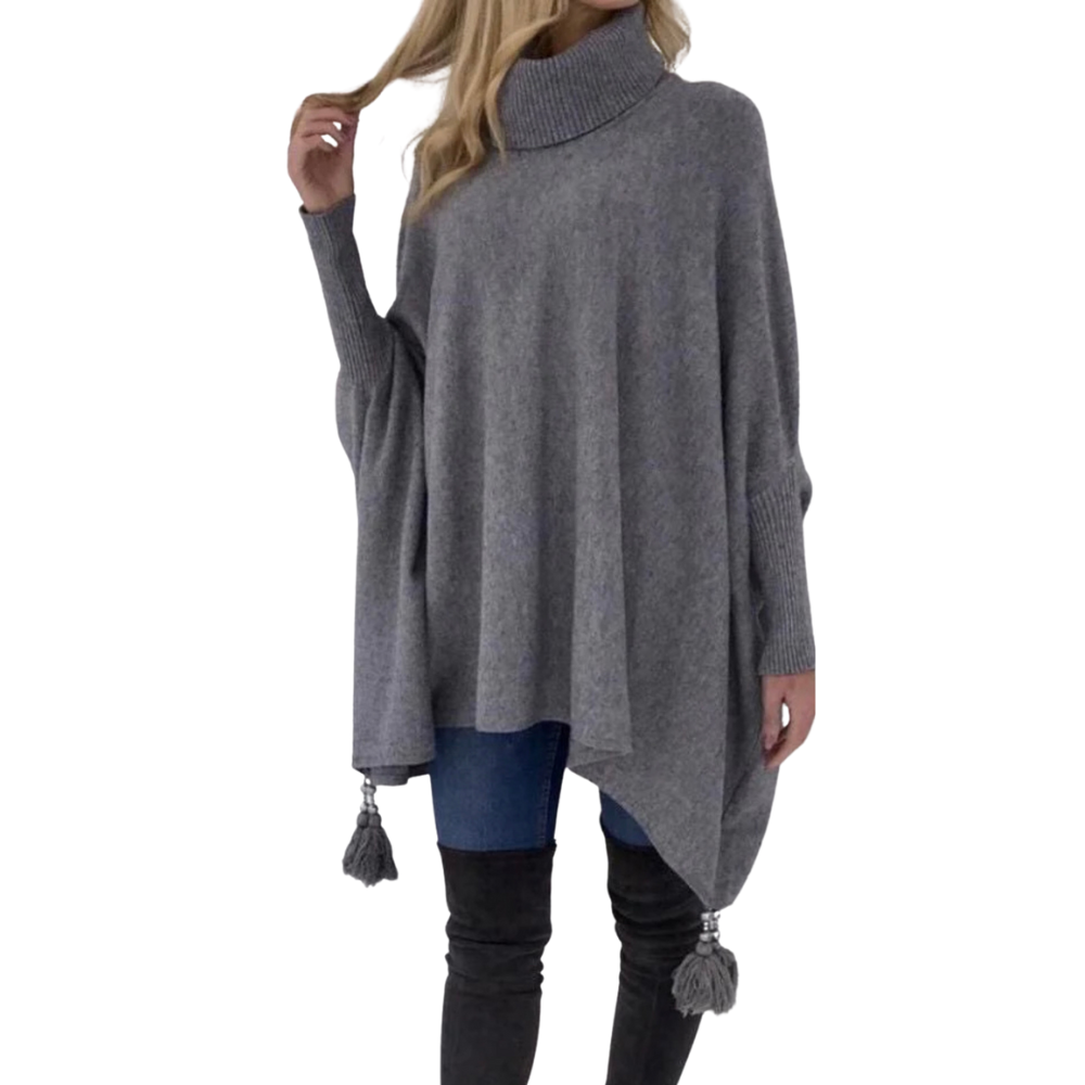 Grey Oversized Cowl Neck Poncho Jumper with Tassels