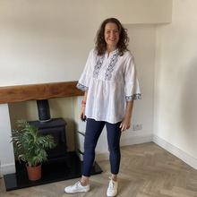 Load image into Gallery viewer, Sarah White &amp; Navy Embroidered Peplum Tunic | One Size UK 12–16

