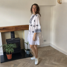 Load image into Gallery viewer, Patricia White Navy Embroidered Summer Dress | One Size UK 12–18
