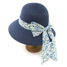 Load image into Gallery viewer, Folding Ladies Travel Sun Hat - Dark Blue Daisy Ribbon (57cm)
