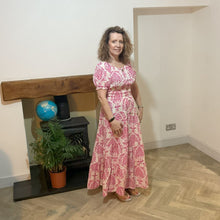 Load image into Gallery viewer, Elizabeth Fuchsia Print Dress | Puff Sleeve &amp; Stretchy Panel UK 10–14
