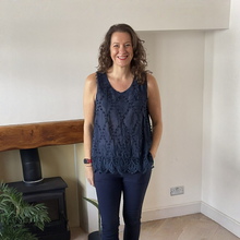 Load image into Gallery viewer, Jessica Sunny Navy Pom Pom Crochet Vest Top with Lace Trim | UK 12–18
