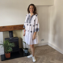 Load image into Gallery viewer, Patricia White Navy Embroidered Summer Dress | One Size UK 12–18
