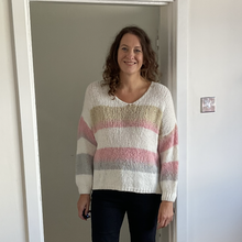 Load image into Gallery viewer, Nancy Multi Coloured V Neck Striped Jumper - White with Baby Pink/Beige | One Size (UK 14-22)
