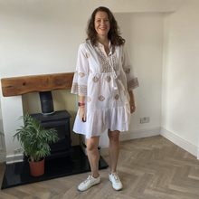 Load image into Gallery viewer, Patricia White Gold Embroidered Summer Dress | One Size UK 12–18
