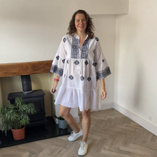 Load image into Gallery viewer, Patricia White Navy Embroidered Summer Dress | One Size UK 12–18

