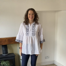 Load image into Gallery viewer, Sarah White &amp; Navy Embroidered Peplum Tunic | One Size UK 12–16
