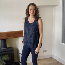 Load image into Gallery viewer, Jessica Sunny Navy Pom Pom Crochet Vest Top with Lace Trim | UK 12–18
