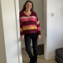 Load image into Gallery viewer, Nancy Multi Coloured V Neck Striped Jumper - Burgundy with Fuchsia/Pink | One Size (UK 14-22)
