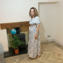 Load image into Gallery viewer, Elizabeth Light blue Print Dress | Puff Sleeve &amp; Stretchy Panel UK 10–14
