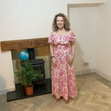 Load image into Gallery viewer, Elizabeth Fuchsia Print Dress | Puff Sleeve &amp; Stretchy Panel UK 10–14
