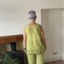 Load image into Gallery viewer, Jessica Sunny Lime Green Pom Pom Crochet Vest Top with Lace Trim | UK 12–18
