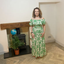 Load image into Gallery viewer, Elizabeth Apple green Print Dress | Puff Sleeve &amp; Stretchy Panel UK 10–14

