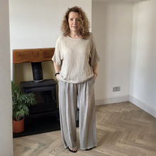 Load image into Gallery viewer, Linda Classic Beige Shirred Waistband Palazzo Trousers with Pockets | UK 10–16
