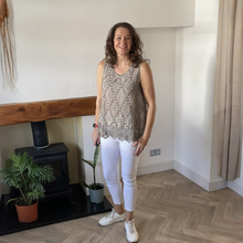 Load image into Gallery viewer, Jessica Sunny Beige Pom Pom Crochet Vest Top with Lace Trim | UK 12–18
