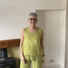 Load image into Gallery viewer, Jessica Sunny Lime Green Pom Pom Crochet Vest Top with Lace Trim | UK 12–18
