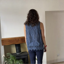 Load image into Gallery viewer, Jessica Sunny Denim Blue Pom Pom Crochet Vest Top with Lace Trim | UK 12–18
