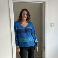 Load image into Gallery viewer, Nancy Multi Coloured V Neck Striped Jumper - Blue with Blue/Turquoise | One Size (UK 14-22)
