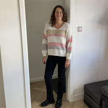 Load image into Gallery viewer, Nancy Multi Coloured V Neck Striped Jumper - White with Baby Pink/Beige | One Size (UK 14-22)
