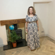 Load image into Gallery viewer, Elizabeth Navy Print Dress | Puff Sleeve &amp; Stretchy Panel UK 10–14
