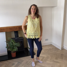 Load image into Gallery viewer, Jessica Sunny Yellow Pom Pom Crochet Vest Top with Lace Trim | UK 12–18
