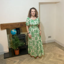 Load image into Gallery viewer, Elizabeth Apple green Print Dress | Puff Sleeve &amp; Stretchy Panel UK 10–14
