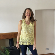 Load image into Gallery viewer, Jessica Sunny Yellow Pom Pom Crochet Vest Top with Lace Trim | UK 12–18
