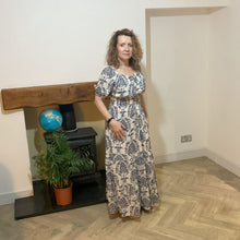 Load image into Gallery viewer, Elizabeth Navy Print Dress | Puff Sleeve &amp; Stretchy Panel UK 10–14
