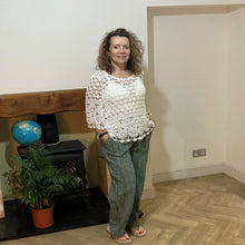 Load image into Gallery viewer, Mary Green Stripe Wide Leg Cotton Trousers | UK 10–14
