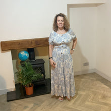 Load image into Gallery viewer, Elizabeth Light blue Print Dress | Puff Sleeve &amp; Stretchy Panel UK 10–14
