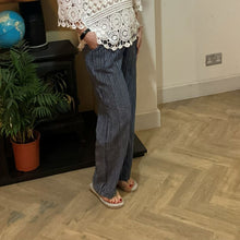 Load image into Gallery viewer, Mary Navy Stripe Wide Leg Cotton Trousers | UK 10–14
