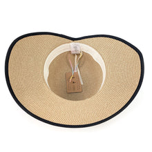 Load image into Gallery viewer, Beige straw hat with black rim on a white background
